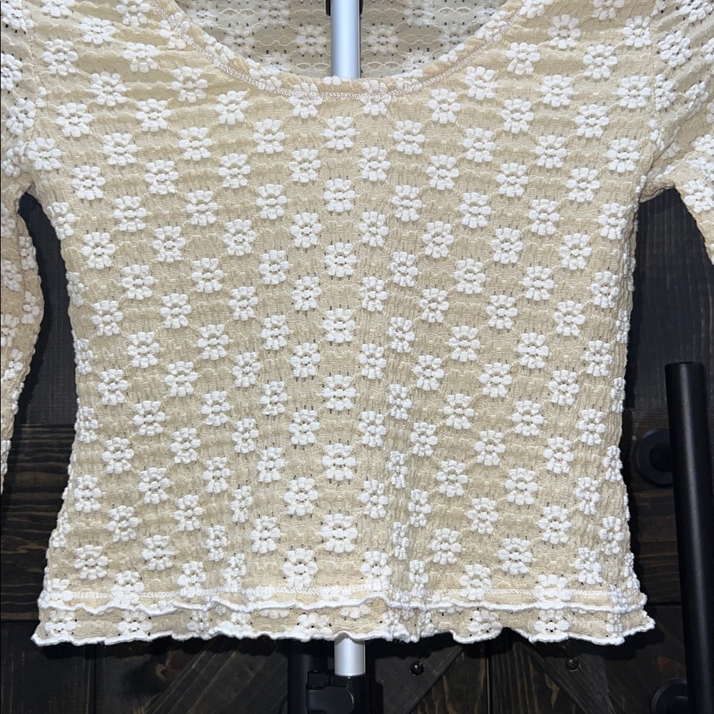 Promesa Eyelet Floral Crop Top S Long Sleeves Ruffle Boho Chic Cream Coquette - Picture 4 of 12
